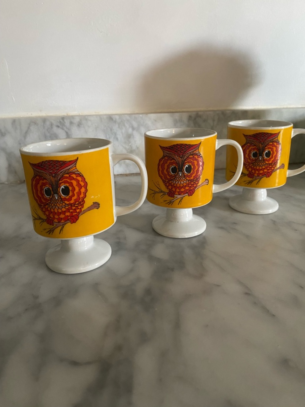 Vintage Owl Pedestal Mugs - Yellow Ceramic Coffee Mugs (Set)